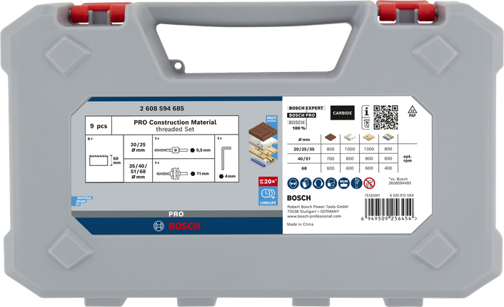 Sada závitových děrových pil Bosch PRO Construction Material, 9dílná.